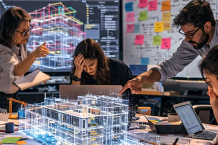 Equipo de ingeniería revisando el modelo 3D de un proyecto industrial