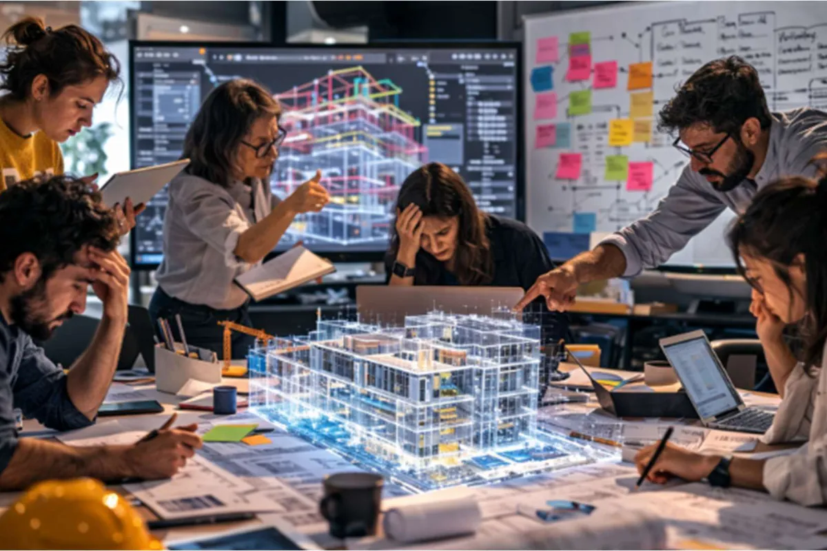 Equipo de ingeniería revisando el modelo 3D de un proyecto